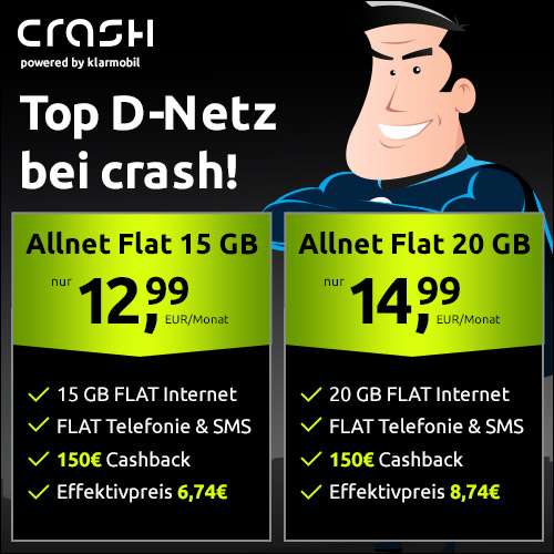 [Vodafone-Netz] 15 GB LTE Tarif für mtl. 7,99€ (eff. 6,74€) von crash oder 20 GB für 9,99€ (eff. 8,74€) mit 50 Mbit/s + Allnet- & SMS-Flat