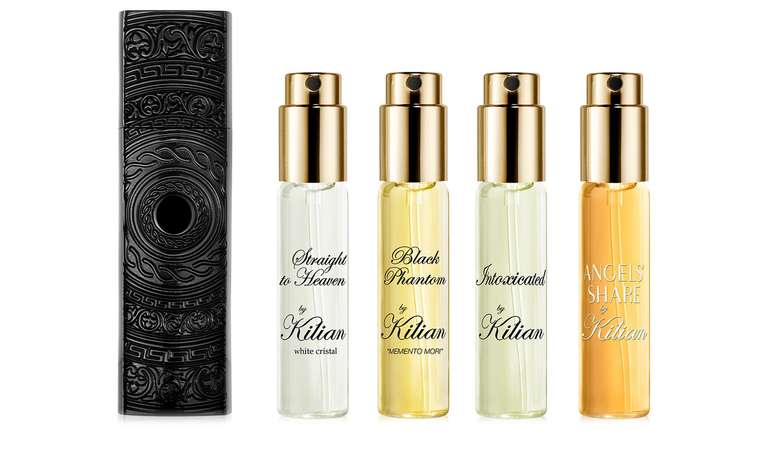 Kilian Cellars Discovery Set : 4 x 7.5 ml Eau de Parfum & Travel Flakon : Black Phantom, Angels Share, Intoxicated, Straight to Heaven
