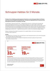 Schnupper Halbtax Schweiz: 2 Monate für 33 CHF (19CHF bis 25 Jahre) (BahnCard 50 Äquivalent)