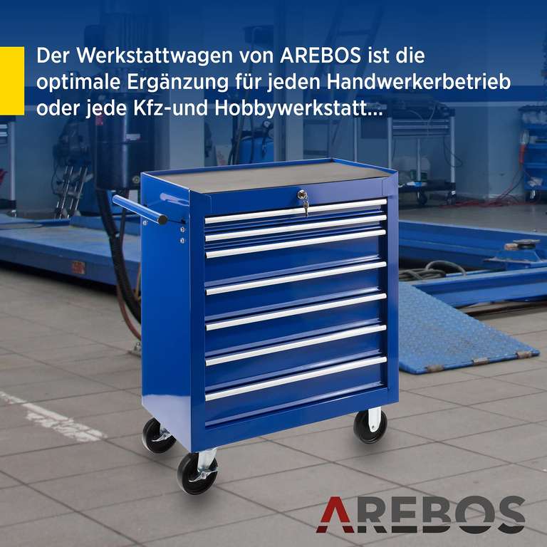 Arebos Werkstattwagen 7 Fächer | kugelgelagerte Schubladen | 2 Rollen mit Feststellbremse (blau)
