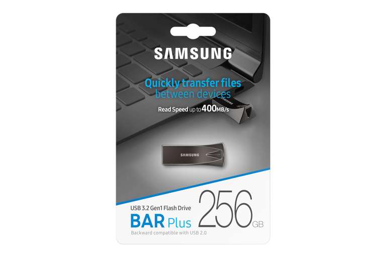 Samsung BAR Plus USB-Stick Typ-A, 256 GB, 400 MB/s Lesen, 110 MB/s Schreiben, widerstandsfähiger USB 3.1 Flash Drive, Schlüsselring, PRIME