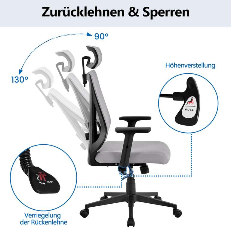Yaheetech Bürostuhl Ergonomisch, Schreibtischstuhl mit Verstellbarer Kopfstütze Discount: 20€-Coupon
