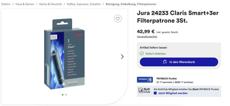 Jura 24233 Claris Smart+3er Filterpatrone 3St. für 36,54 EUR