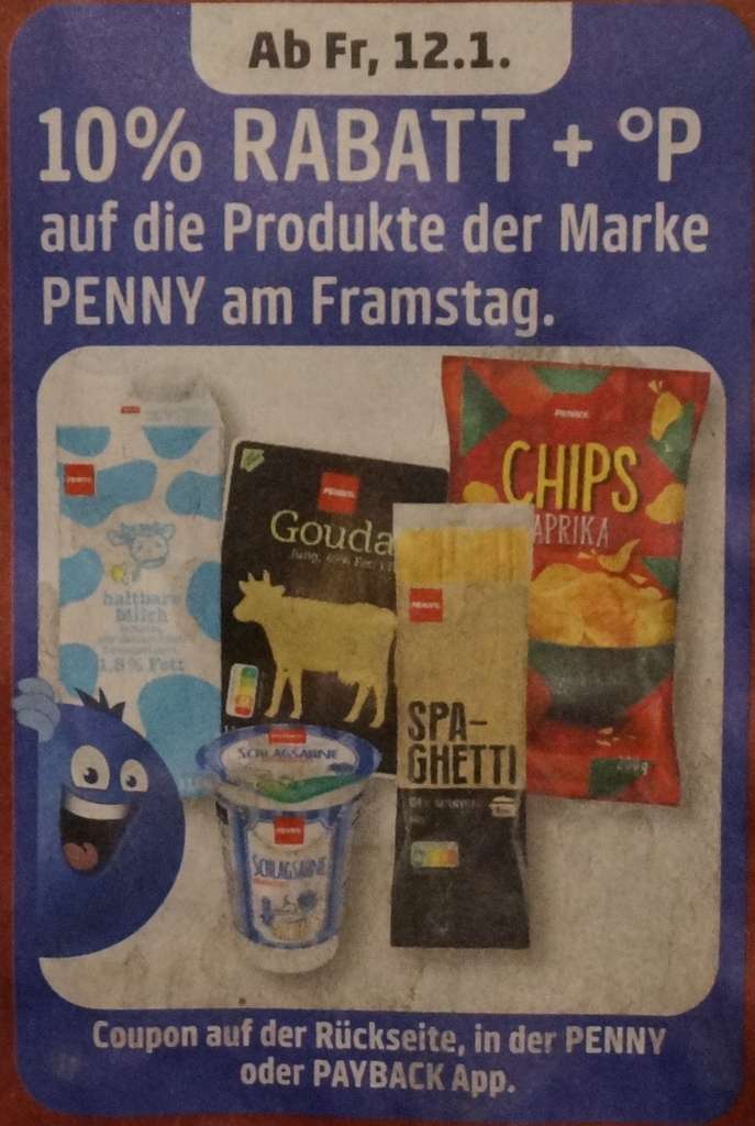 Penny | Payback] Framstag 10% auf PENNY Produkte z.B. Käse Milch Nudeln  Joghurt Quark Konserven Chips am 12.01./13.01.2024 | mydealz