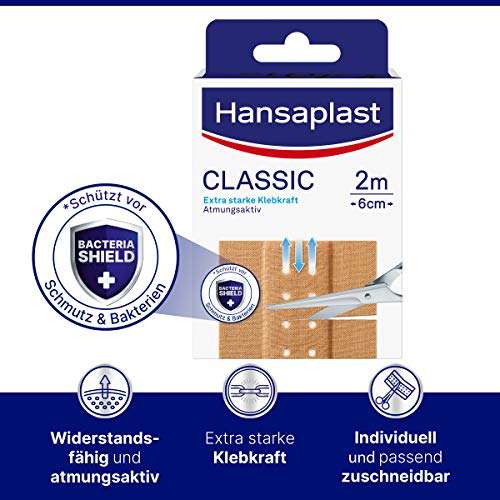 [amazon prime] Spar-Abo: Hansaplast Classic Pflaster Bacteria Shield: zuschneidbare Wundpflaster (2 m x 6 cm) oder Universal (40 Strips)