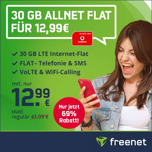 [Vodafone-Netz] 30 GB green LTE Tarif für 12,99€ / Monat von freenet mit VoLTE, WLAN Call & Allnet- & SMS-Flat & 9,99€ AP