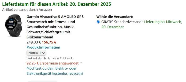 [Amazon.de] Doppelter Rabattabzug Garmin Vivoactive 5 (schwarz, blau, flieder) 156,75€ / weiß 164,25€