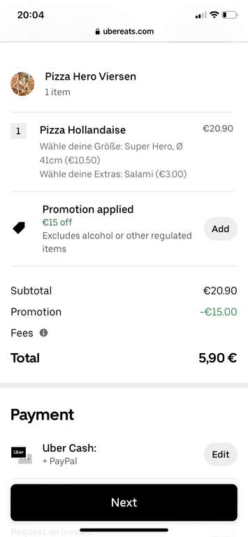 Uber eats Rabatt 15€ Rabatt (Neukunde)