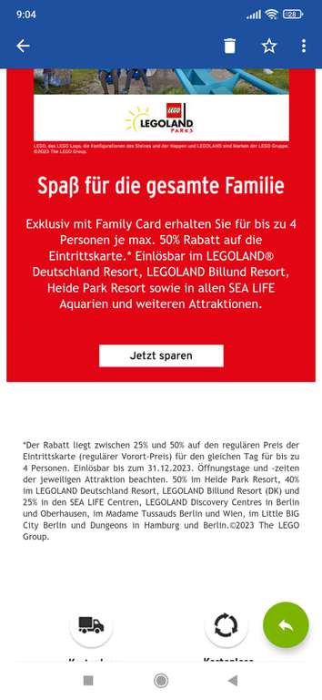 Bis zu 50 % Rabatt auf Heide Park, Legoland, Sea Life, Dungeons, Mme Tussauds mit der Ernsting's Family Card