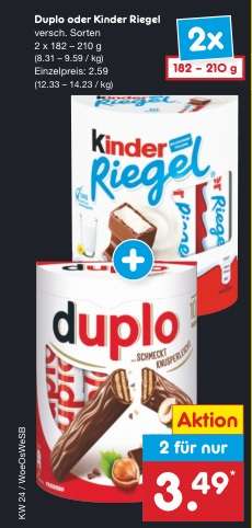 Ferrero DUPLO oder KINDERRIEGEL 2x 182 bis 210 g von Do. 15.06. bis Sa. 17.06. bei NETTO Marken-Discount