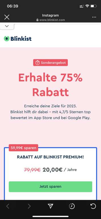 Blinkist 75% Rabatt - 1 Jahr 20€ (evtl. personalisiert) über Instagram