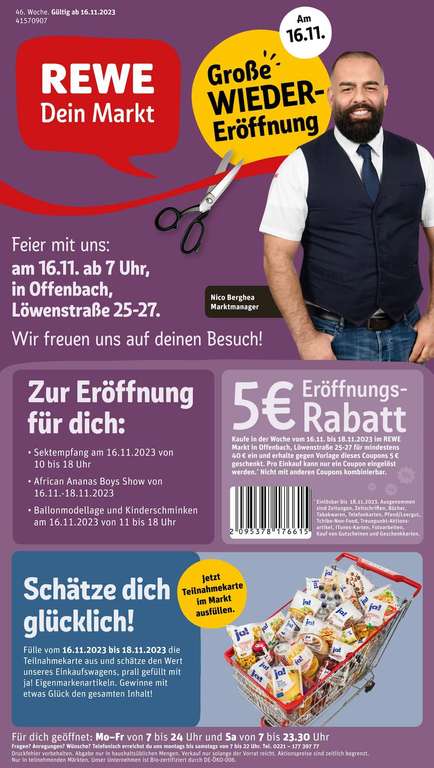 Rewe: Neueröffnung in Speyer+Offenbach & Taunusstein 5€ Nachlass bei 40€ Einkaufswert vom 16.11.-18.11.23