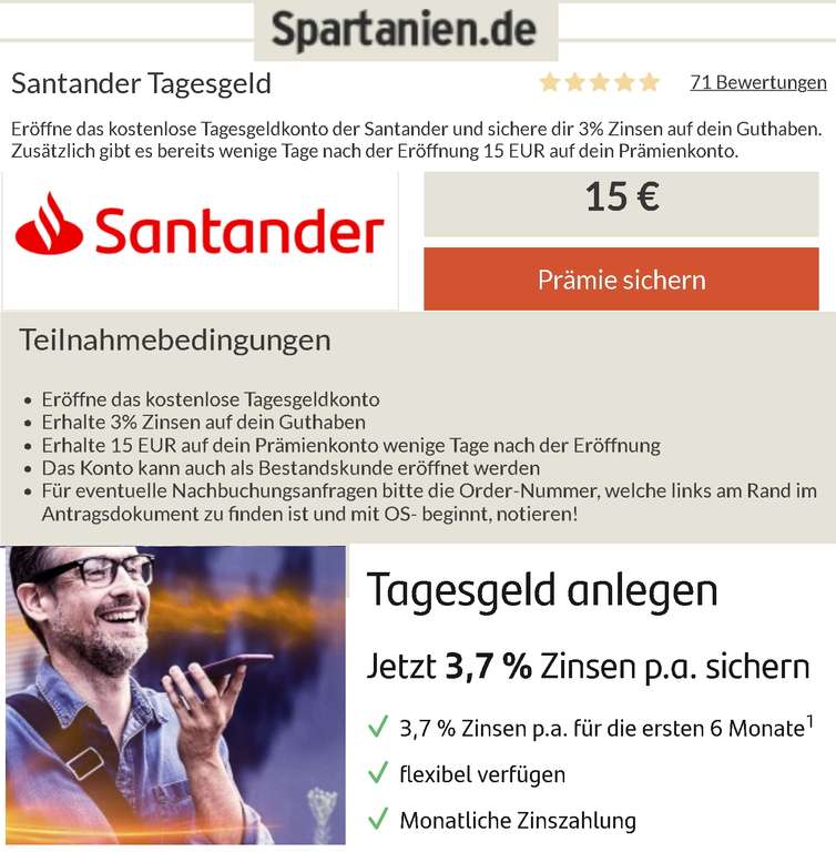 [Santander + Spartanien] 15 € Prämie für Eröffnung Tagesgeldkonto, 3,7% p.a. Zinsen auf gesamte Anlage, 6 Monate; Tagesgeldkonto-Neukunden
