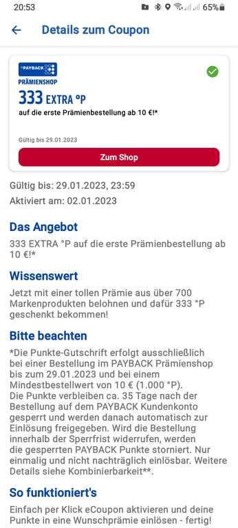 Payback Prämienshop 333 Punkte auf erste Prämienbestellung über 10€ gültig bis 29.01.2023