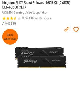 Kingston FURY Beast Schwarz 16GB Kit (2x8GB) DDR4-3600 CL17