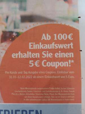 Globus: 5€ Cashback- Coupon erhalten bei einem Einkauf ab 100€ , coupon einlösbar vom 31.01.-12.02.22