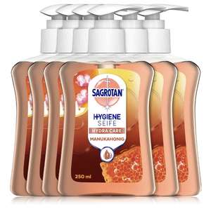 Sagrotan Handseife mit frischem Duft nach Mandelblüten und Manukahonig – Hygienische Flüssigseife – 6 x 250 ml [PRIME/Sparabo]