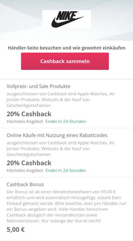[Topcashback] 20% Cashback bei Nike, kombinierbar mit den 25% Rabatt