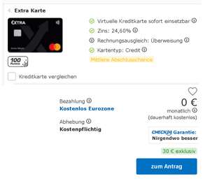 [Novum Bank + Check24] 30 € Bonus für Abschluss der kostenlosen Extra Karte (Mastercard Kreditkarte), Neukunden