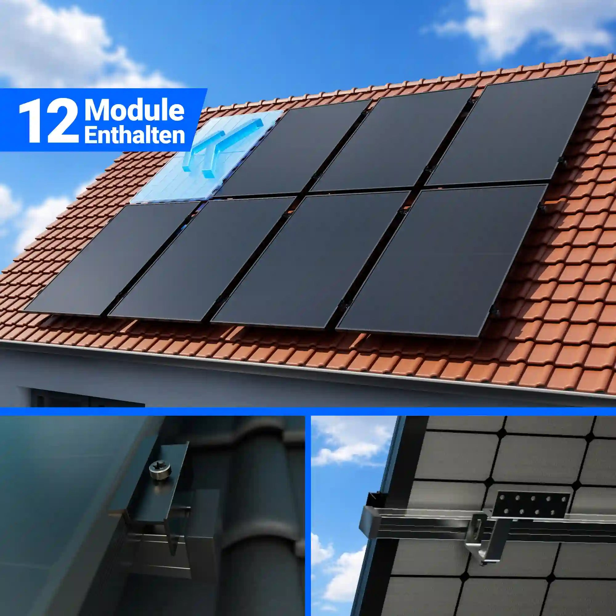 6000W Solarkraftwerk mit Speicher und Halterung für Ziegeldach - 12x Jolywood 500W Full Black bifazial & Anker Solix Solarbank 4 Pro