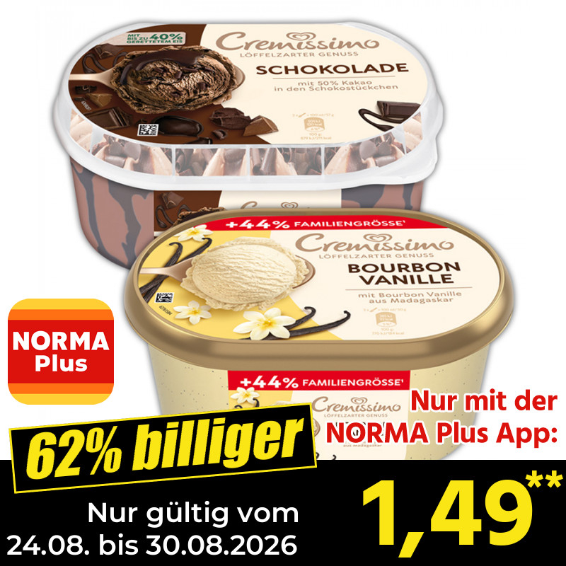 [Norma App} Langnese Cremissimo, verschiedene Sorten, je 825 bis 1300 ml, nur 1,49 € (ohne App 1,79 €) - 1 L = 1,15 / 1,81 € (App)