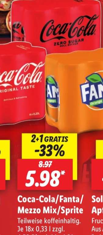 ab 10.10. 18x 0,33l Dosen Coca-Cola (auch Zero), Fanta, Mezzo Mix, Sprite für 5,98€ + Pfand - Dosenpreis 33ct [Lidl]