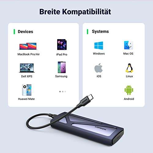 [Amazon] UGREEN NVMe M.2 USB 3.2 SSD Festplattengehäuse mit Kühlkissen 10 Gbps, inkl. 2 Kabel, werkzeuglos