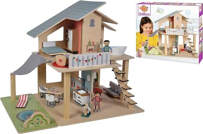 [babymarkt] Eichhorn - Puppenhaus mit Zubehör - inkl. Möbel und 3 Figuren, unmontiert, aus Holz, 25 teilig, 53x36x44 cm groß, ab 3 Jahren