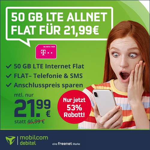 [Telekom] 50GB green LTE Tarif von mobilcom-debitel für mtl. 21,99€ mit VoLTE, WLAN Call, Allnet- & SMS-Flat + 0€ AG