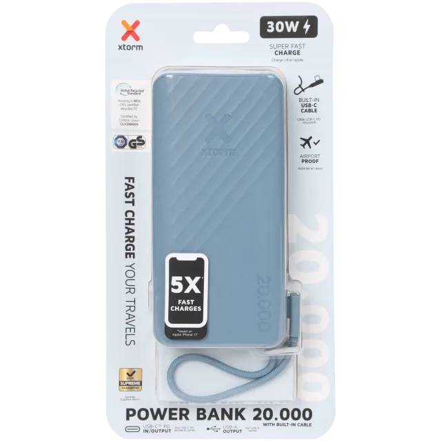 Xtorm Go2 Powerbank 20.000 mAh, 30W Fast Charge, integriertes USB-C-Kabel, blau und grau