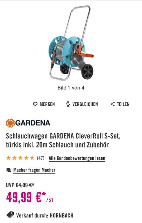Gardena Schlauchwagen CleverRoll S-Set (inkl. Anschlüsse und 20m Schlauch) [Hornbach TPG]