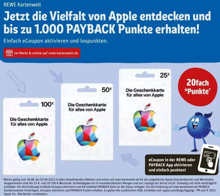 Payback | Rewe | 20-fach Punkte auf Apple Geschenkkarten Gift Cards (28.08.-03.09.)