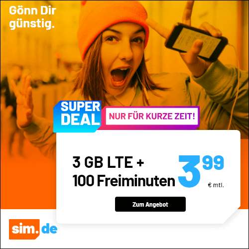 3GB LTE sim.de Tarif für mtl. 3,99€ mit 100 Freiminuten & VoLTE & WLAN Call (mtl. kündbar, Telefonica-Netz)