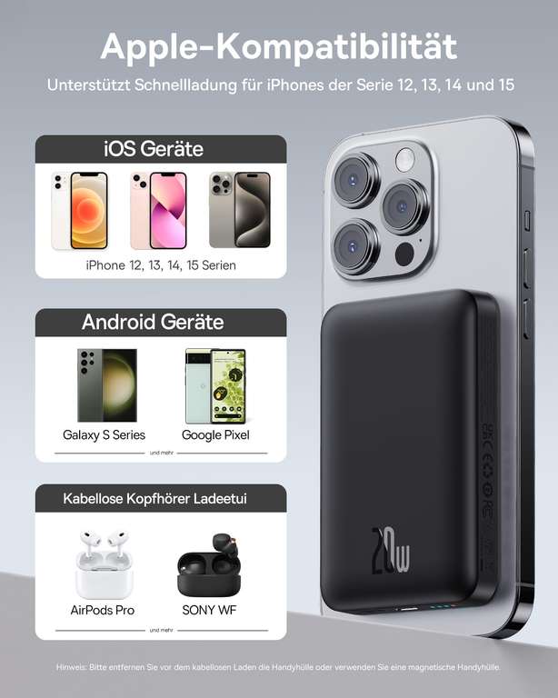 Baseus Magsafe Powerbank 10000mAh, für iPhone 15/14/13/12 Serie, PD 20W mit USB-C - Prime
