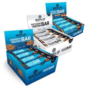 Bodylab Triple Bar Deal: 12x 55g Peanut-Caramel, 12x 64g Crunchy & 12x 65g Eat Clean Protein Bar (mehrere Sorten, ~1.08€ pro Riegel)