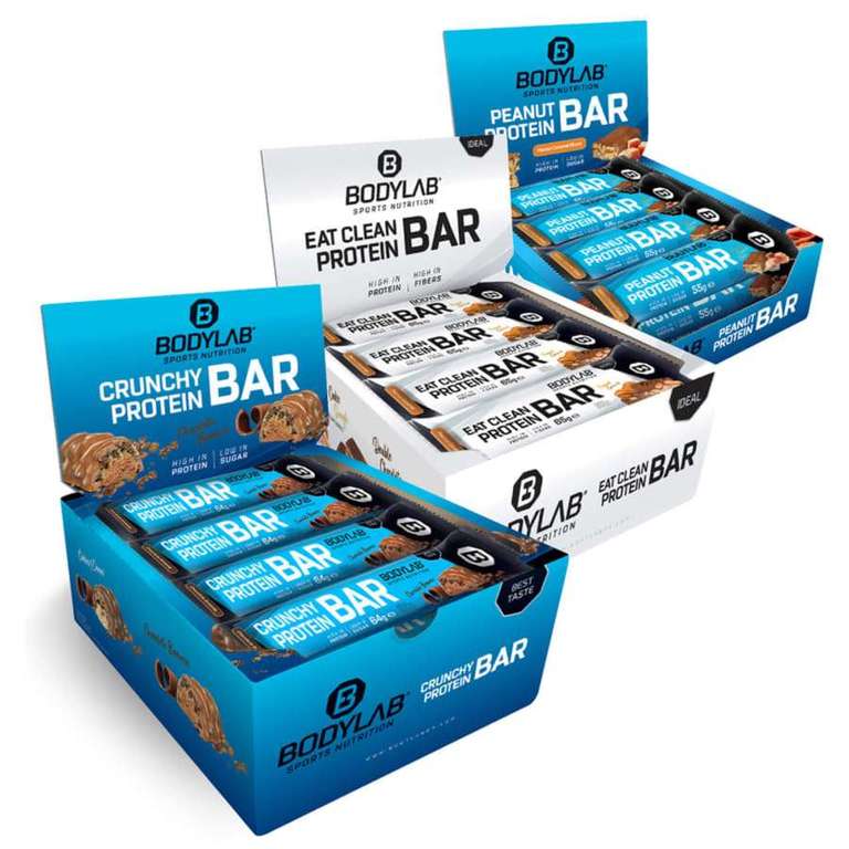 Bodylab Triple Bar Deal: 12x 55g Peanut-Caramel, 12x 64g Crunchy & 12x 65g Eat Clean Protein Bar (mehrere Sorten, ~1.08€ pro Riegel)
