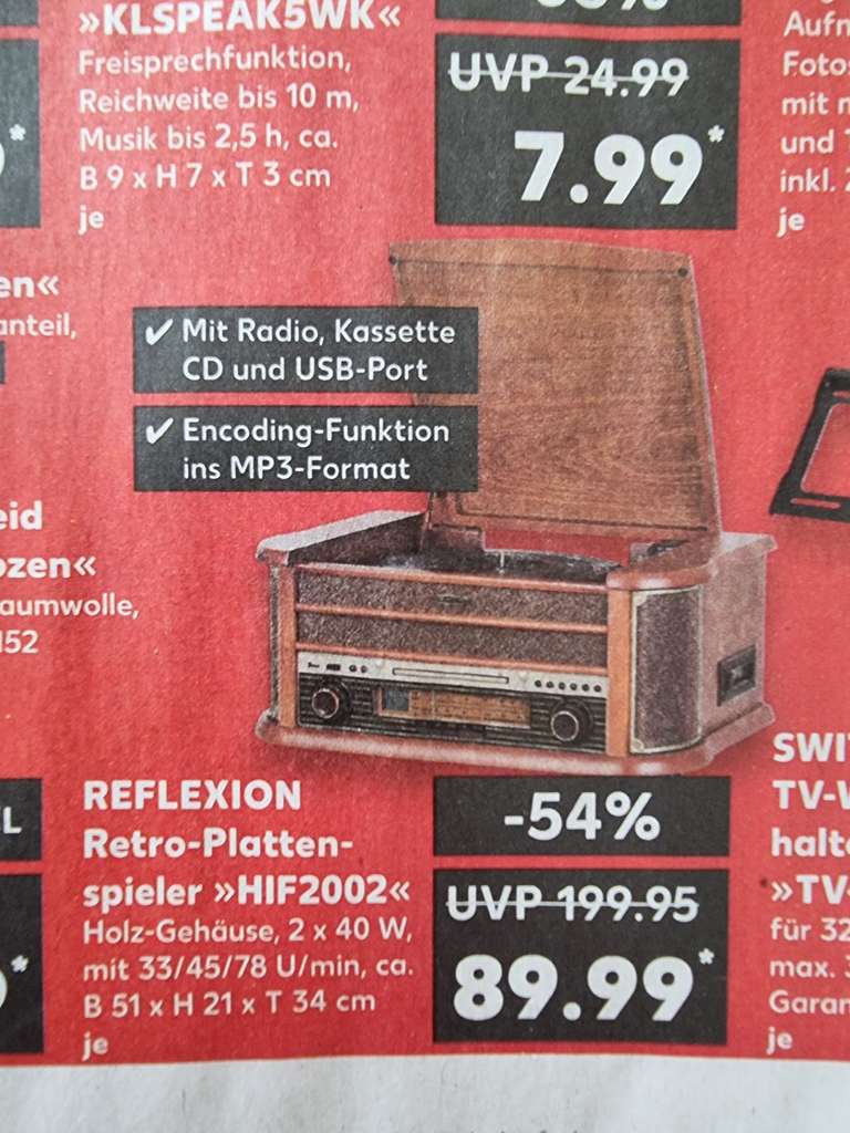 Reflexion Retro Plattenspieler HIF2002 für 89,99 (Bestpreis lt. Idealo) bei Kaufland (im Markt)