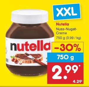 [Netto Lokal] Nutella 750g Glas 2,39€ = 3,18 €/k.g (Angebot + 20% Gutschein)