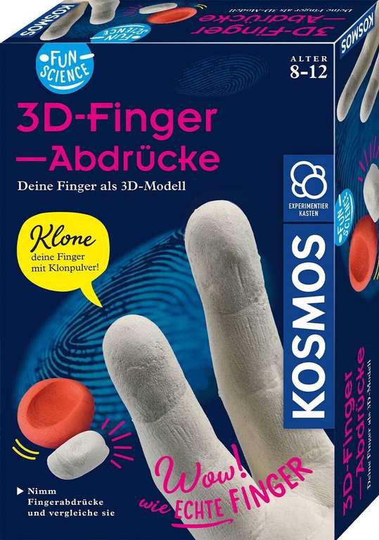 KOSMOS 654221 Fun Science - 3D-Fingerabdrücke, 3D-Skulpturen selber Machen, Abdruck-Set für die eigenen Finger (Prime)