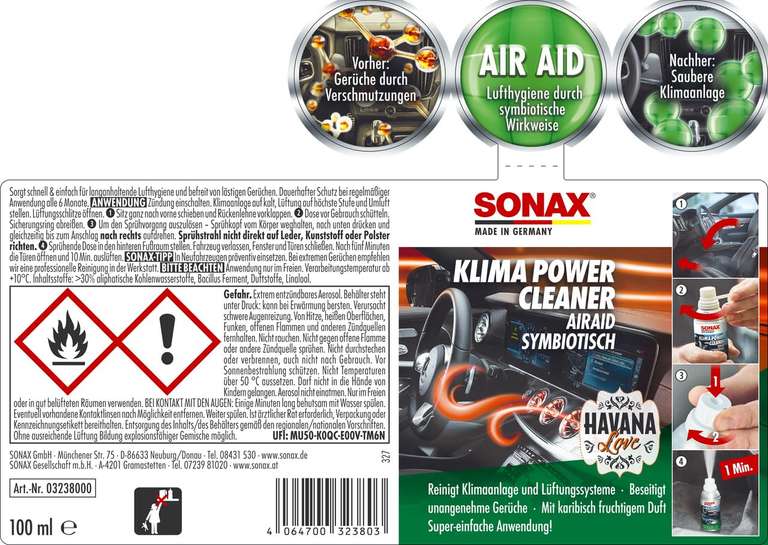 SONAX KlimaPowerCleaner AirAid symbiotisch Havana Love oder Green Lemon  (100 ml) Klimareiniger gegen lästige Gerüchen (Prime)