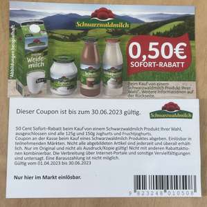0,50€ Coupon für Schwarzwaldmilch Produkt außer 125/150g Joghurts bis 30.06.2023