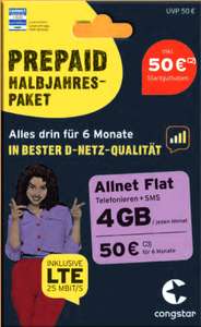 Lokal, Telekom Netz: Congstar Prepaid Halbjahrespaket (6 Monate) Allnet/SMS Flat 4GB LTE für 30€ bzw. 5€ monatlich