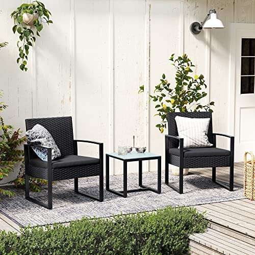 SONGMICS Balkonmöbel, schwarz, Gartenmöbel-Set aus PE-Polyrattan, Tisch und 2 Stühle