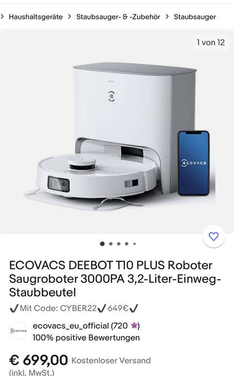 Aktuell gibt es den ECOVACS DEEBOT T10 PLUS Roboter Saugroboter 3000PA 3,2-Liter-Einweg-Staubbeutel für 599€