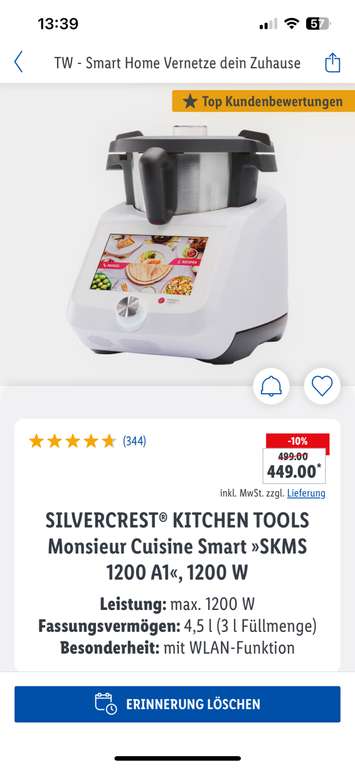 [Lidl] SILVERCREST Monsieur Cuisine Smart »SKMS 1200 A1« für 444€ statt 499€ [Online & im Laden]