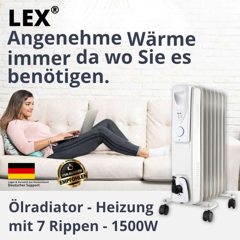 LEX Ölradiator Elektroheizung auf Rollen (7 Rippen, 1500 W Thermostat)