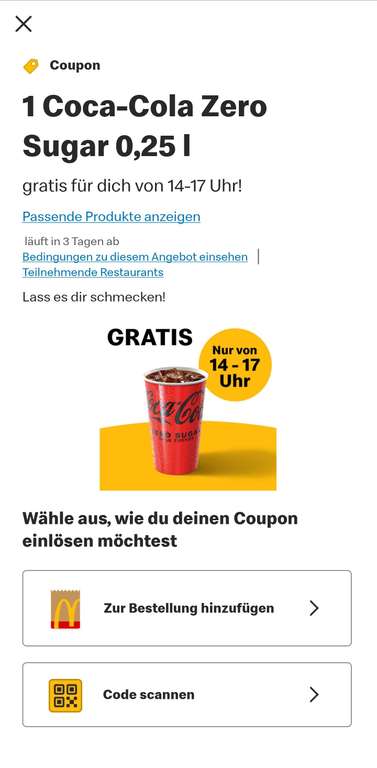 [McDonald's App] Coca Cola Zero 0,25l von 14-17 Uhr gratis
