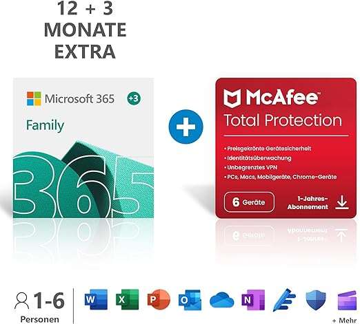 [Amazon] Microsoft (Office) 365 - Family 12+3 Monate + Norton 360 Deluxe (15 Monate) oder McAfee (12 Monate) nur 56,99 €