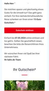 [Deutsche Bahn] 15€ Gutscheine per Newsletter - MBW 39€ bis 07.05.24 (personalisiert)