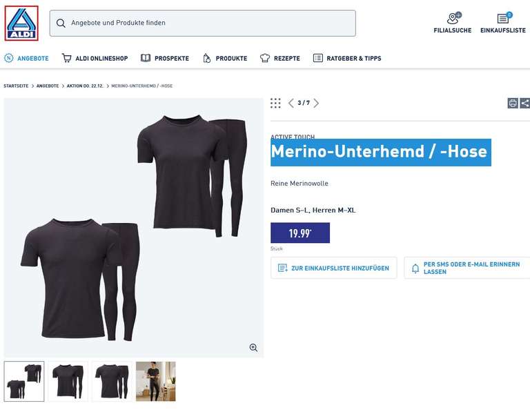 [Aldi] Reine Merino Unterwäsche T-Shirt oder Hose, Süd & Nord